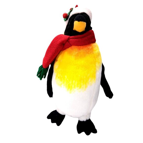 Vintage Christmas Penguin King Plush Toy Scarf Santa Hat Holly 14" Sterling Inc. - Picture 2 of 9